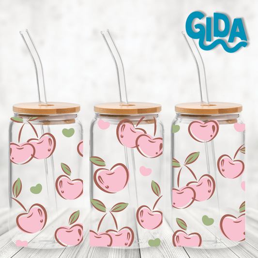 UV DTF Stickers Wraps - Pink Cherries 16oz Libbey cup Wrap