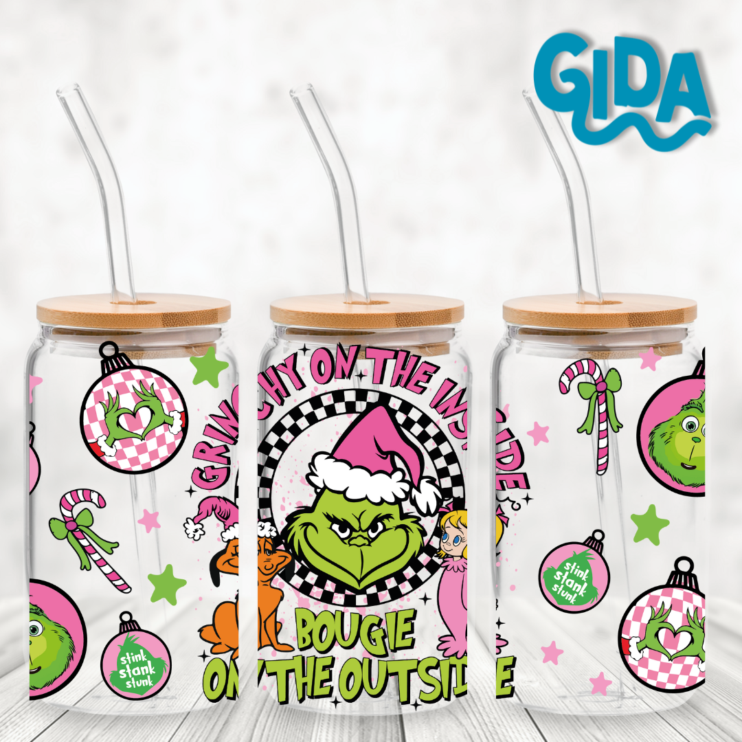 UV DTF - Pink Grinch Bougie 16oz Libbey cup Wrap