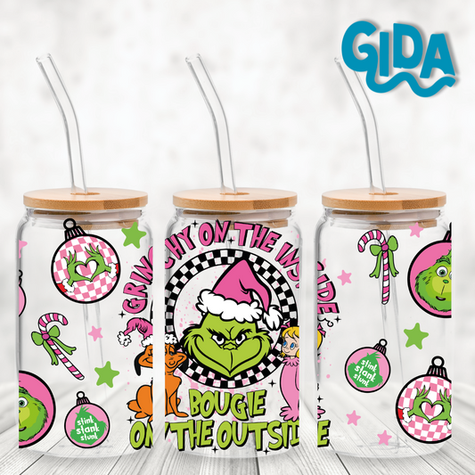 UV DTF - Pink Grinch Bougie 16oz Libbey cup Wrap