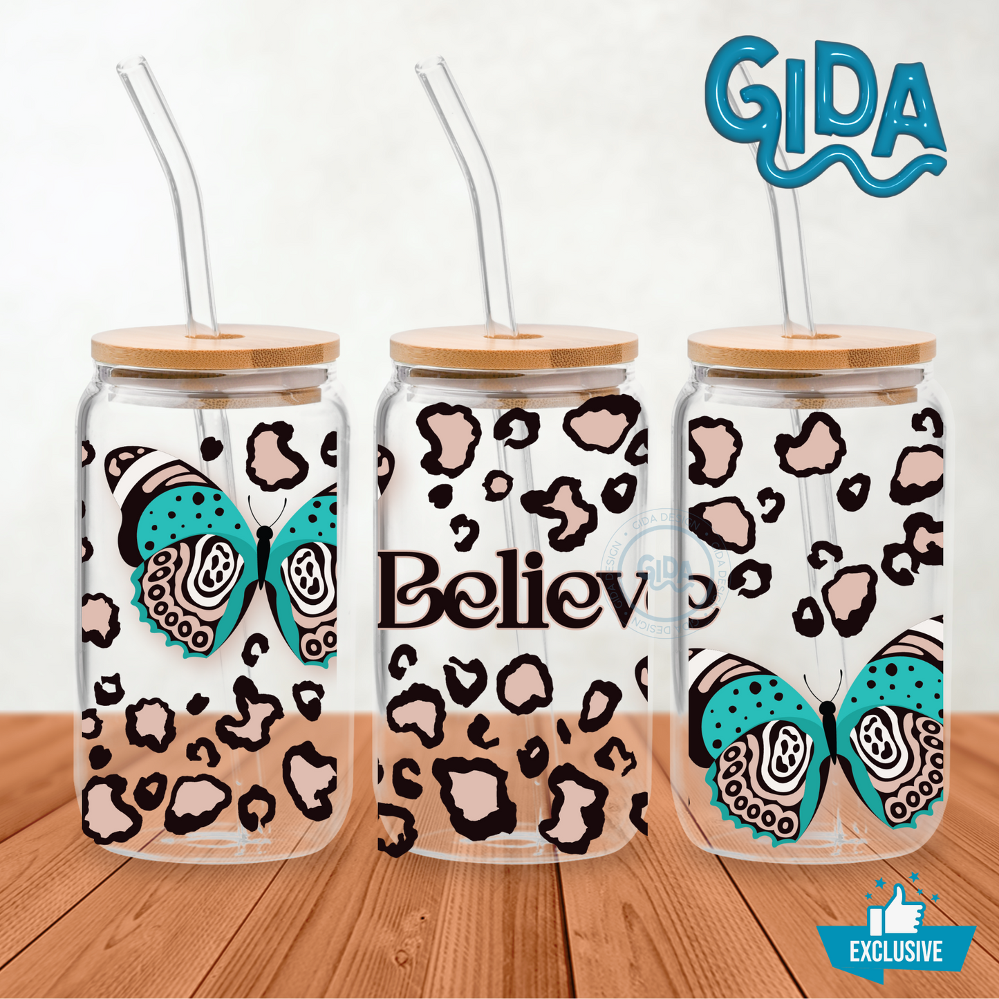 UV DTF - Believe Mint Butterflies animal print Libbey 16 oz Wrap
