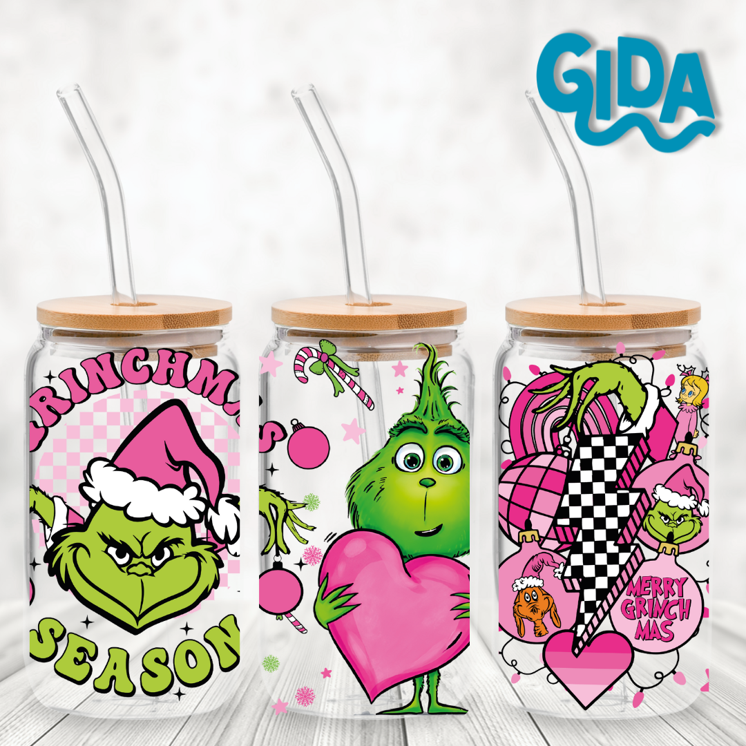 UV DTF - Pink Grinchmas Season 16oz Libbey cup Wrap