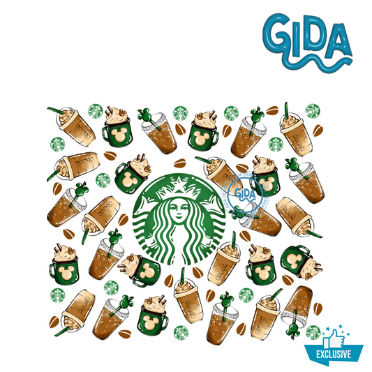 Cup Wrap Stickers UV DTF - Green Coffee Mouse Tumbler PNG 20oz Full Tumbler Wrap, Cartoon Tumbler Wrap Coffee