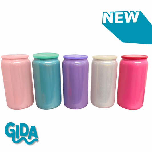 Shimmer 16 oz Glass Can, suitable for UVDTF and VINYL stickers, sublimation printing, available in five colors: Baby Pink, Purple, Hot Pink, Mint, and White. Features vibrant prints, an eco-friendly glass straw, and customization options with UV DTF stickers. Ideal for personalized gifts and eco-conscious daily use.