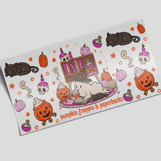 UV DTF Wrap Stickers - Pumpkin Frappes & paperbacks Halloween - 16oz libbey