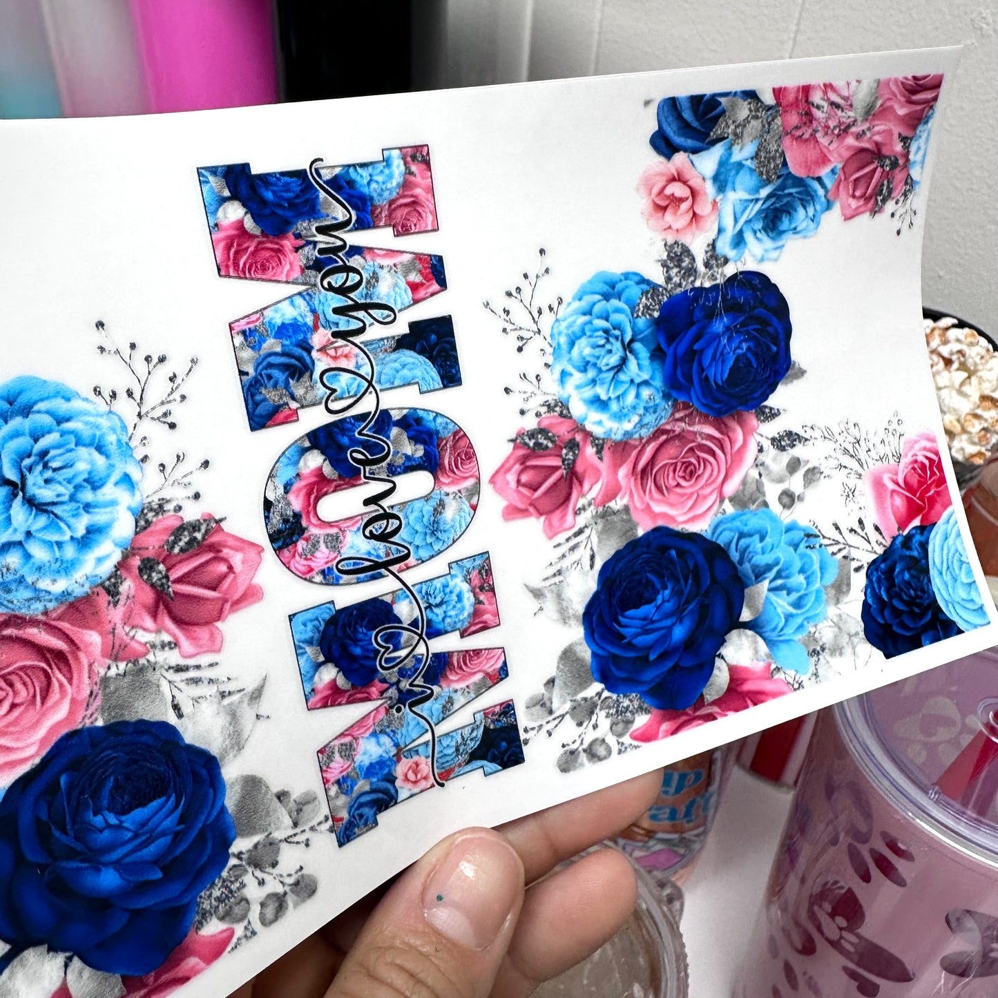 Cup Wrap UV DTF Stickers - Mom Blue flowers Libbey cup Wrap