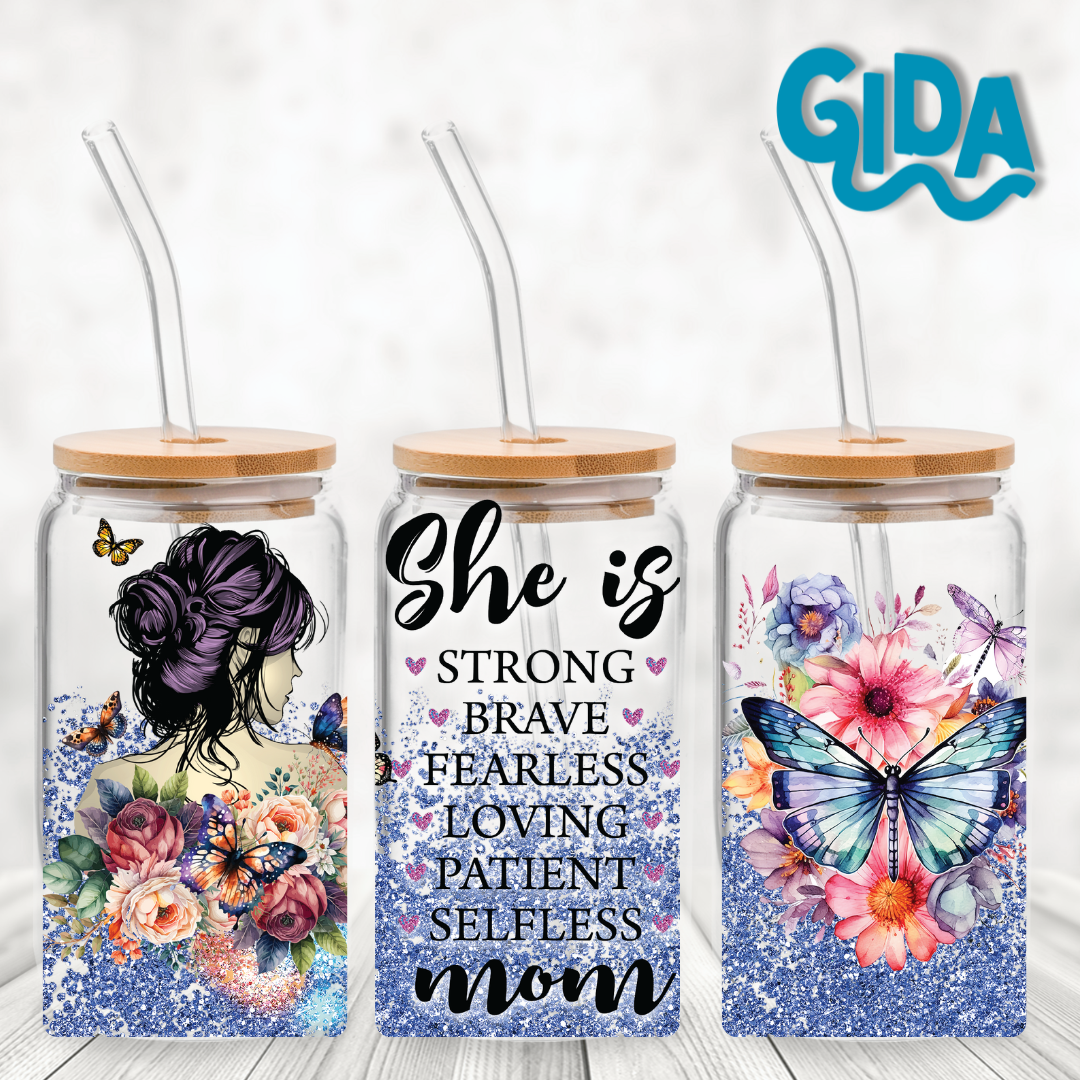 Cup Wrap UV DTF - Mom She is Strong Floral 16oz Libbey cup Wrap