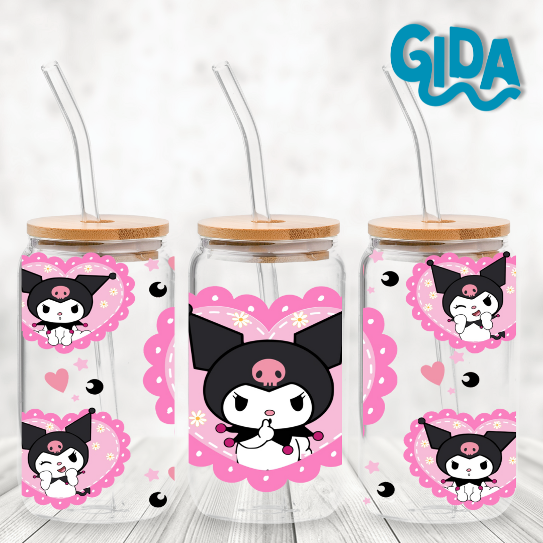 UV DTF WRAP - Kuromi Pink Hearts 16oz Libbey cup Wrap - Stickers