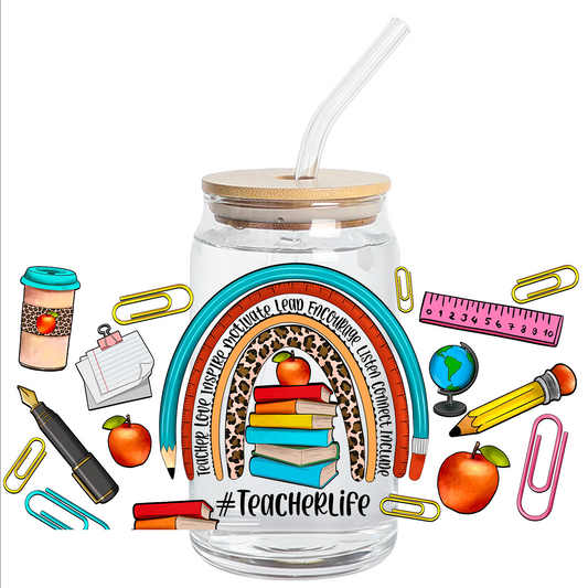 Cup Wrap Stickers UV DTF - Rainbow Teacher life libbey cup Wrap