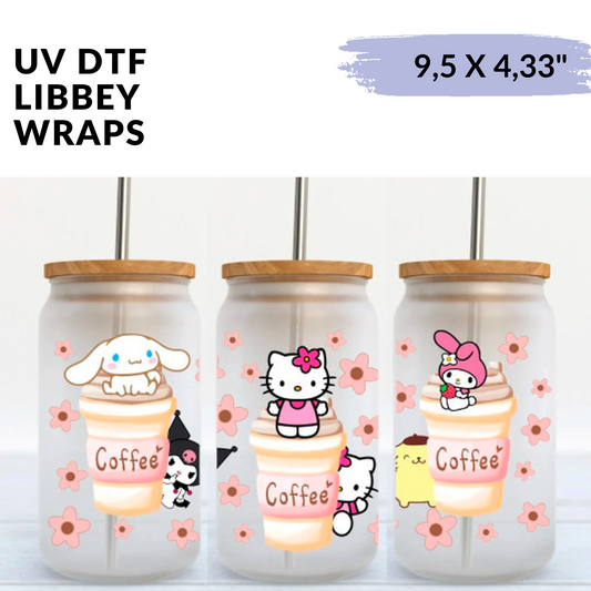UV DTF Stickers Wraps - Pink Coffee Cats and flowers Libbey cup Wrap