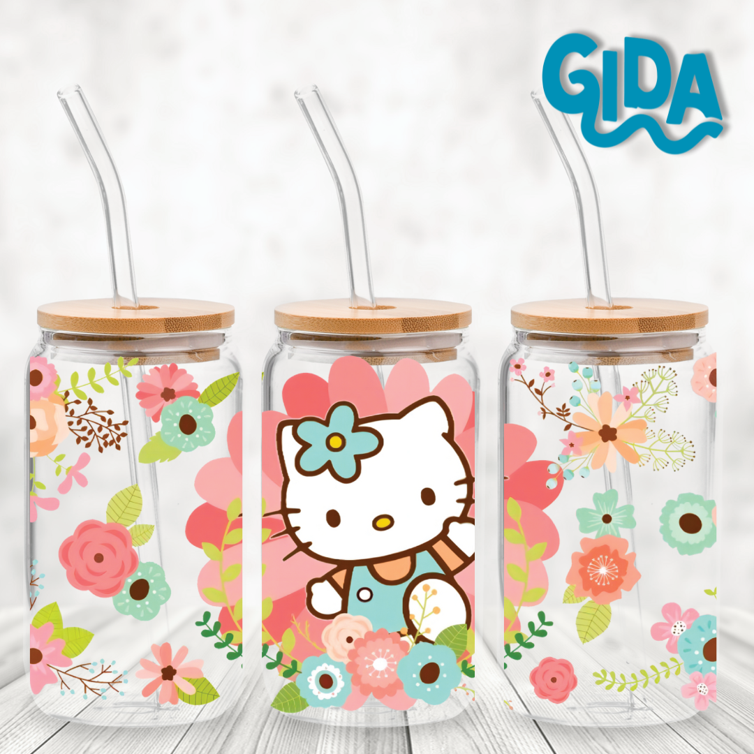 Uv dtf Sticker Wraps - Big Peach Flower Hello kitty Can Wrap 12 oz