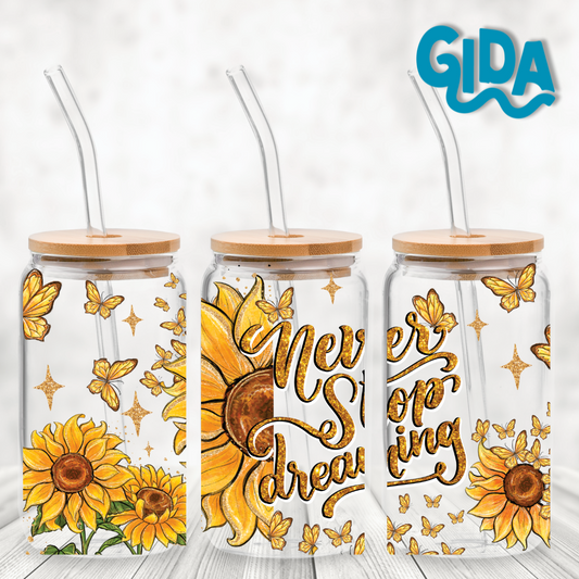 UV DTF wrap - Never Stop Dreaming Sunflowers 16oz Libbey cup Wrap - stickers