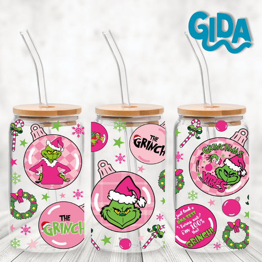 UV DTF - Pink The Grinch 16oz Libbey cup Wrap