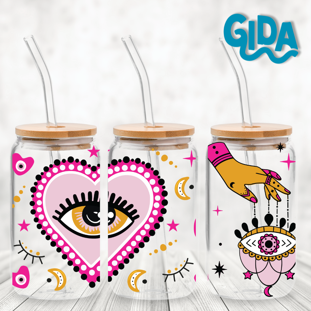 UV DTF - Pink Big Big Hearts Magic Hands 16oz Libbey cup Wrap