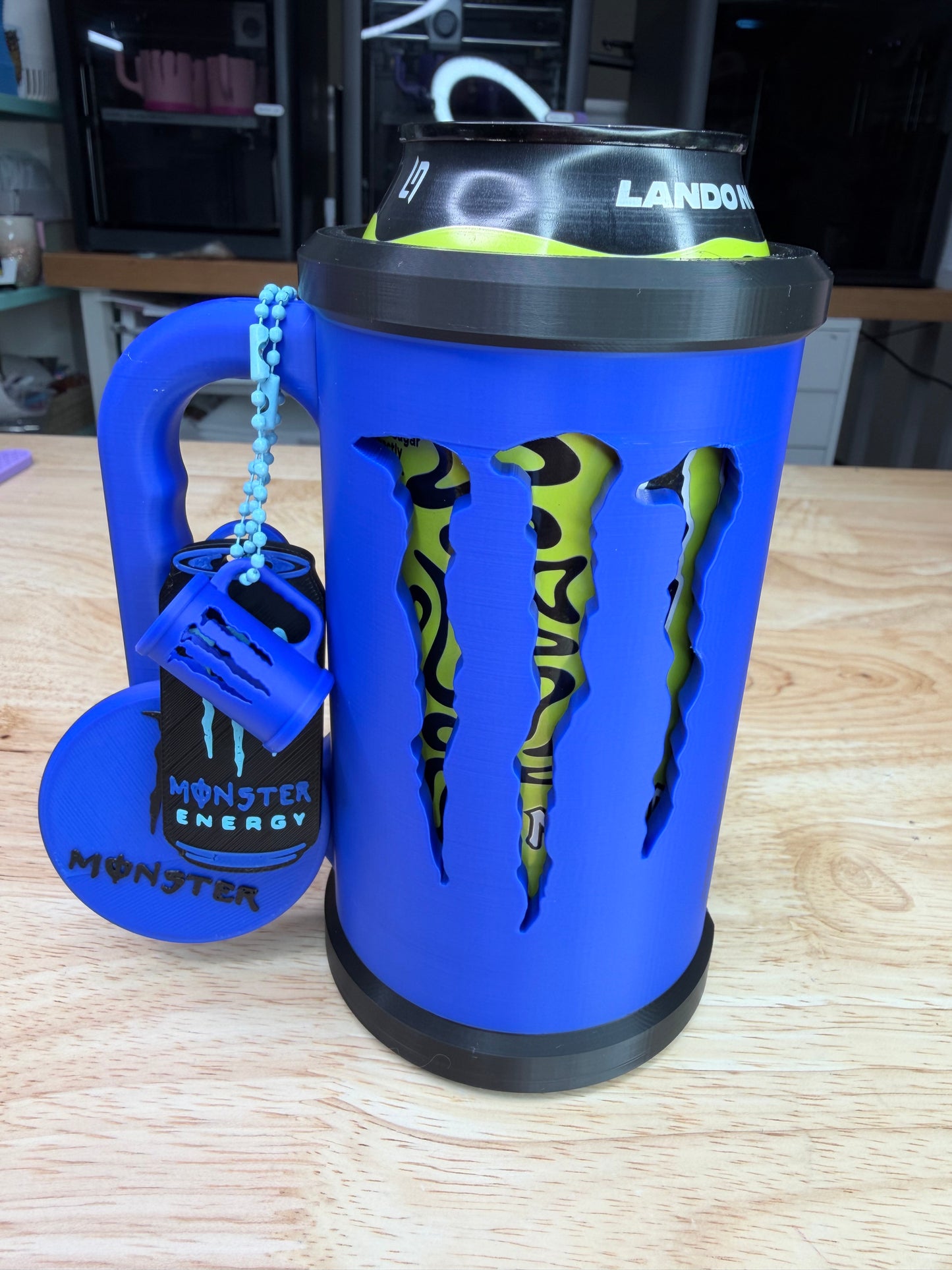 Deep blue 3D Printed customized Can cooler set: lid, keychain and opener MONSTER SIZE 16 OZ
