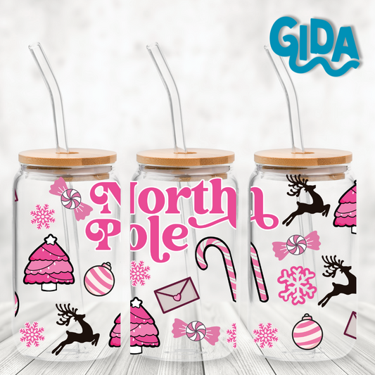 UV DTF - Pink North Pole 16oz Libbey cup Wrap