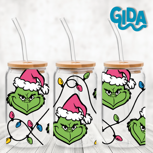 UV DTF - Pink Big Head Grinch 16oz Libbey cup Wrap