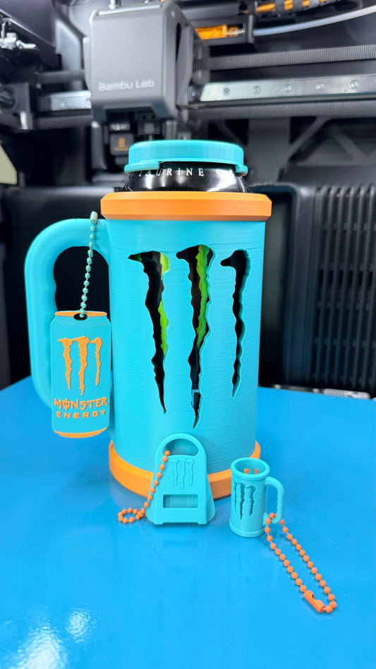Orange and blue 3D Printed customized Can cooler set: lid, keychain and opener MONSTER SIZE 16 OZ