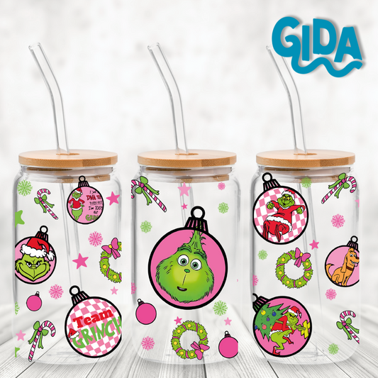 UV DTF - Stickers Pink Grinch Tierno 16oz Libbey cup Wrap