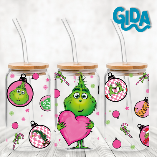 UV DTF - Pink Grinch With Heart 16oz Libbey cup Wrap