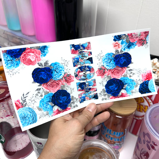 Cup Wrap UV DTF Stickers - Mom Blue flowers Libbey cup Wrap