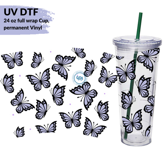 UV DTF Stickers Wrap - Purple Butterflies and Daisies 24 oz