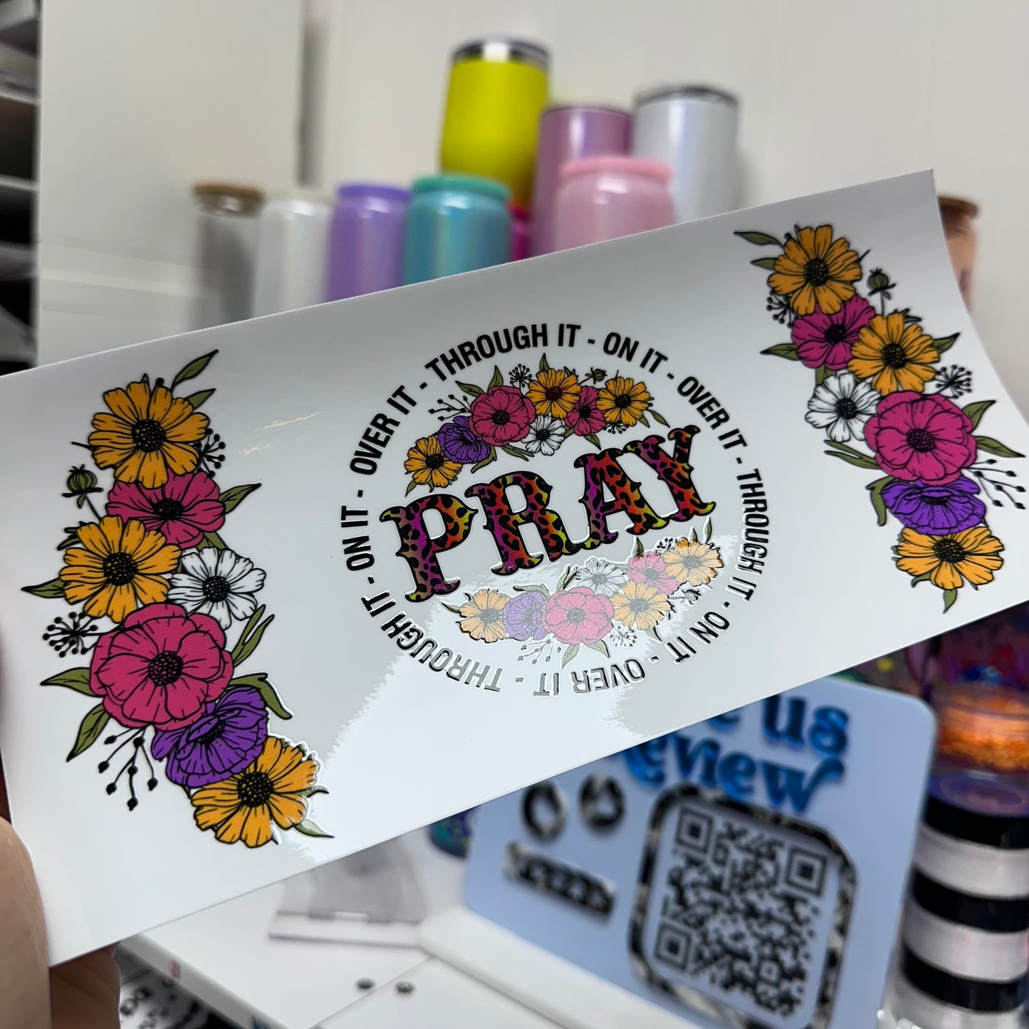 UV DTF Stickers Wraps - Pray flowers Libbey cup Wrap