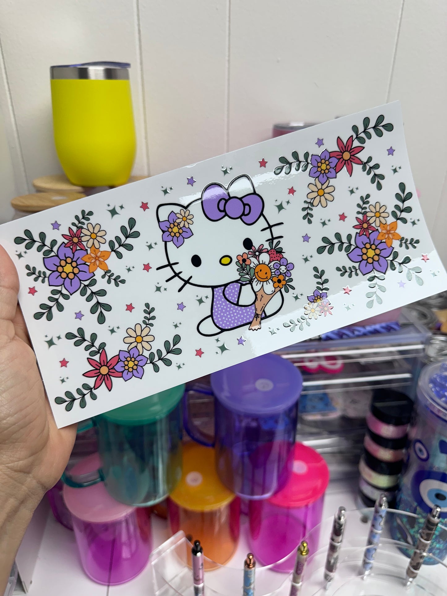 UV DTF - Purple Flowers Cute Kitty libbey cup Wrap