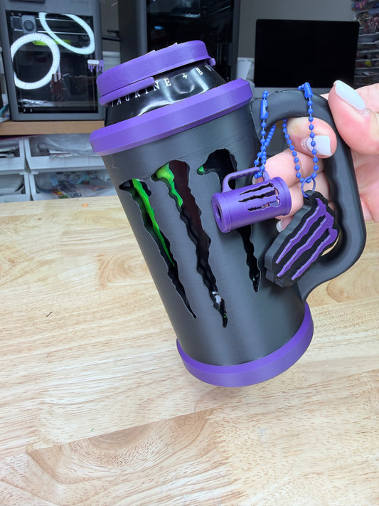 BLACK DEEP PURPLE 3D Printed customized Can cooler set: lid, keychain and opener MONSTER SIZE 16 OZ
