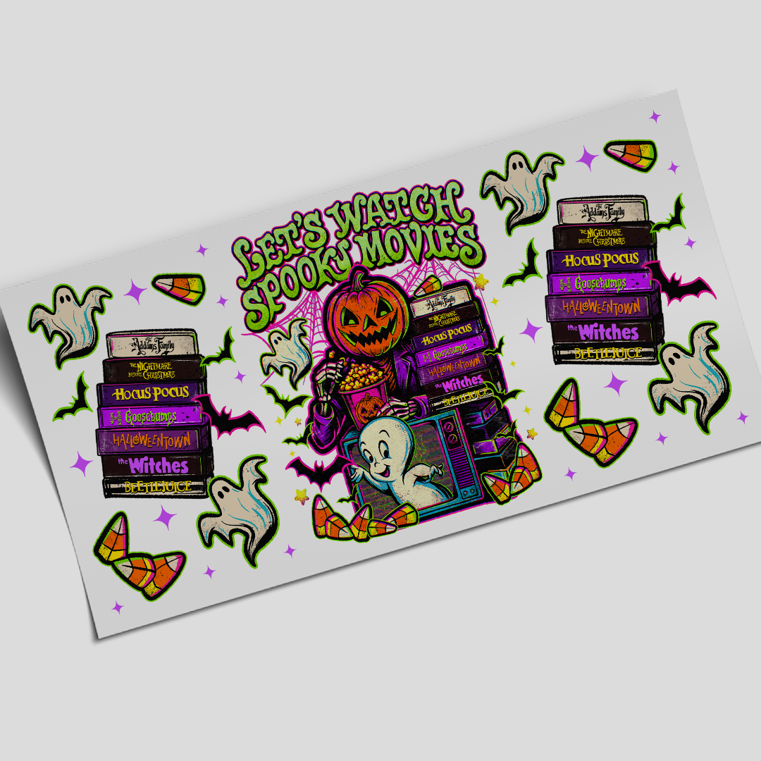UV DTF Wrap Stickers - Let's watch Spooky Movies - 16oz libbey