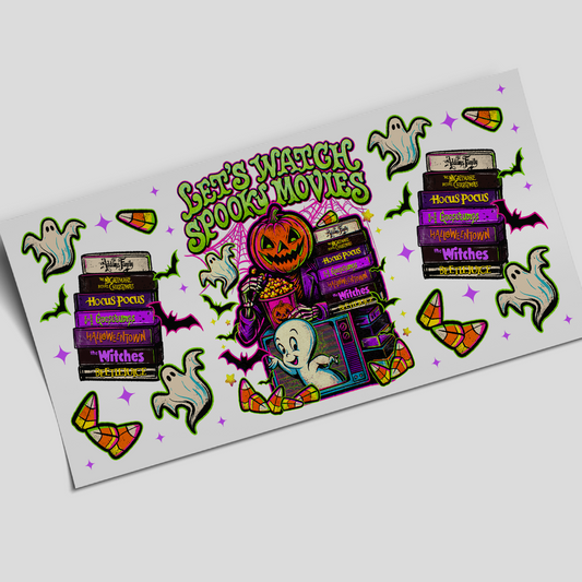 UV DTF Wrap Stickers - Let's watch Spooky Movies - 16oz libbey