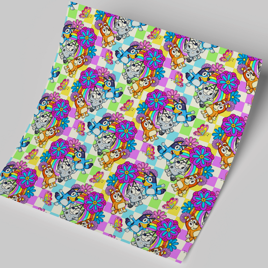 High-Quality Printed Adhesive Vinyl – Permanent Finish 12x12" Rainbow Checkered Background Bluey / Free Uvdtd decal