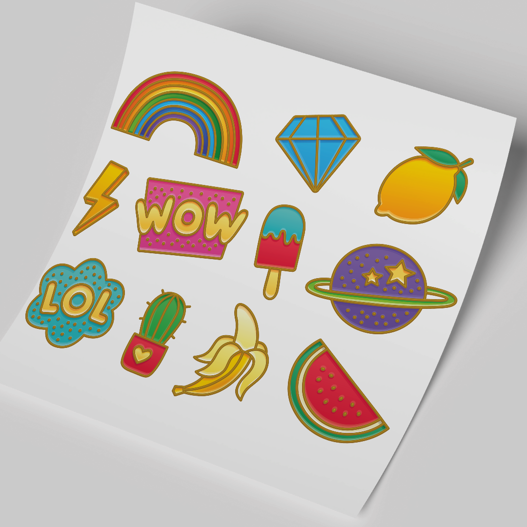 UV DTF WRAP Sheet - WOW stickers realistic Patches or pins 10x10 inches