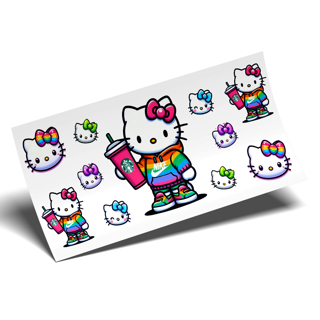 Cup Wrap Sticker - UV DTF Kitty Multicolors Sports with coffee