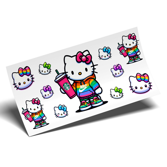 Cup Wrap Sticker - UV DTF Kitty Multicolors Sports with coffee