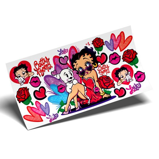 UV DTF Cup Wrap - Betty Boop Red Roses and hearts full wrap