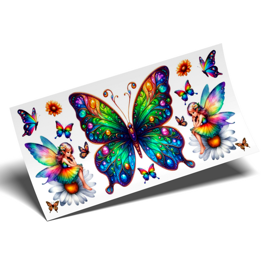 Cup Wrap Stickers UV DTF - Big Rainbow AI green butterflies