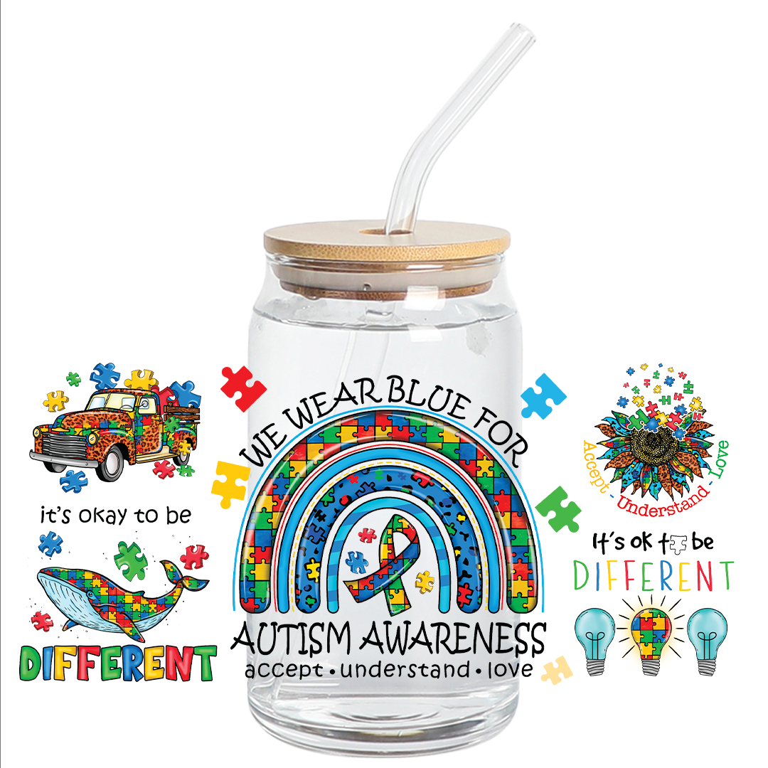 Cup Wrap Stickers UV DTF - Autism Blue Rainbow Wrap
