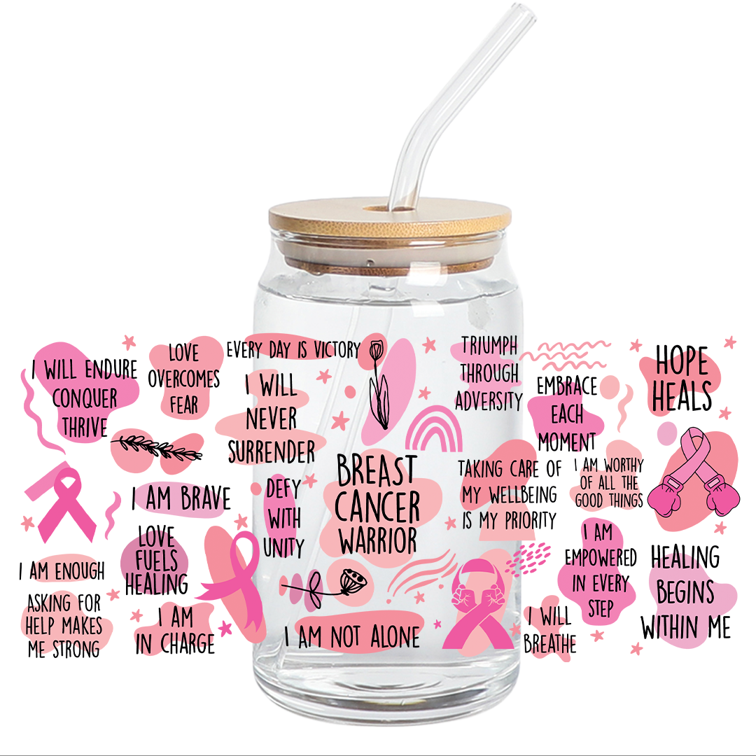 UV DTF Stickers Wraps - Breast Cancer Warrior Libbey cup Wrap