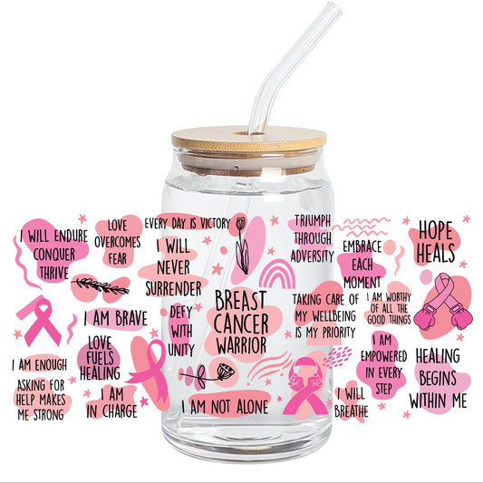 UV DTF Stickers Wraps - Breast Cancer Warrior Libbey cup Wrap