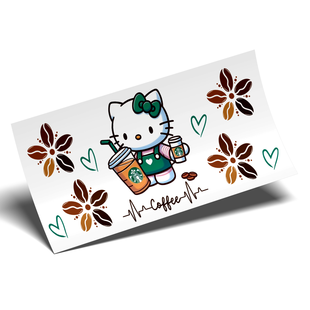 Cup Wrap Sticker UV DTF - Green Coffee shop with kitty