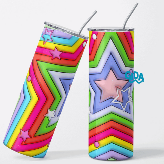 3D - Rainbow Neon Stars Straight 20oz Tumbler wrap Vinyl