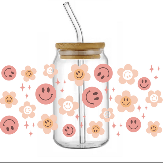 UV DTF - Flowers and Happy faces Oranges Libbey cup Wrap
