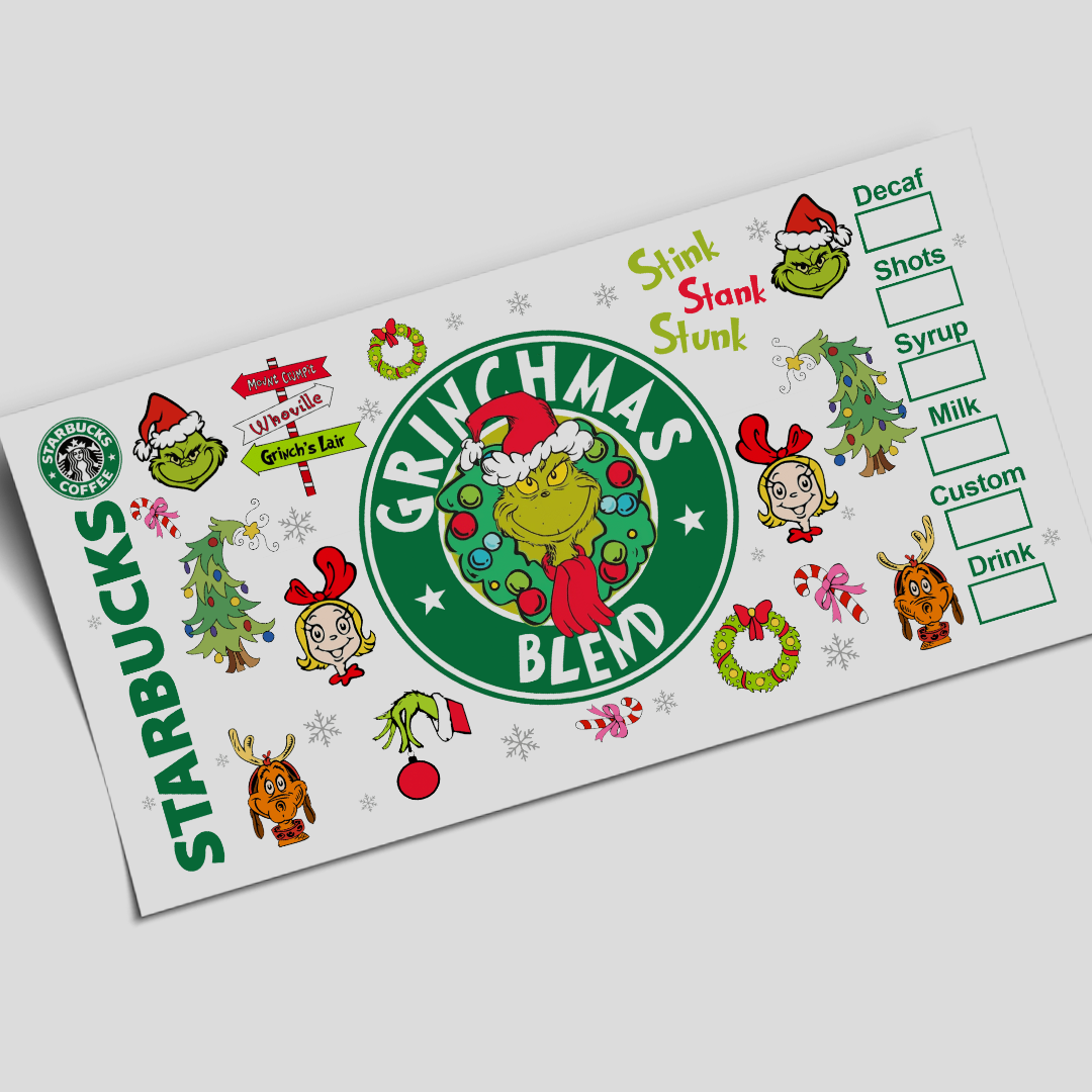 UV DTF - Cup Wrap Coffee Green Grinchy - 16oz Libbey cup Wrap