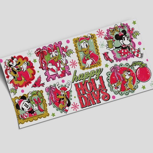 UV DTF Wrap Stickers - Mickey Wish you Happy holidays - 16oz libbey