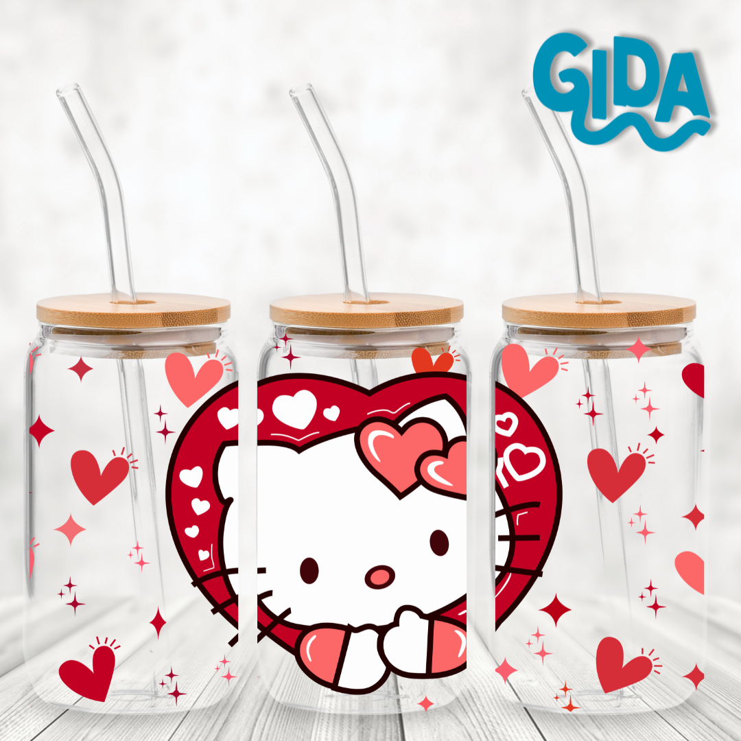 UV DTF - BIG Red Heart kitty 16oz libbey cup Wrap