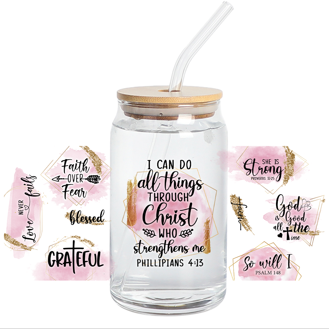 UV DTF Stickers Wrap - I Can do All things God Libbey Wrap