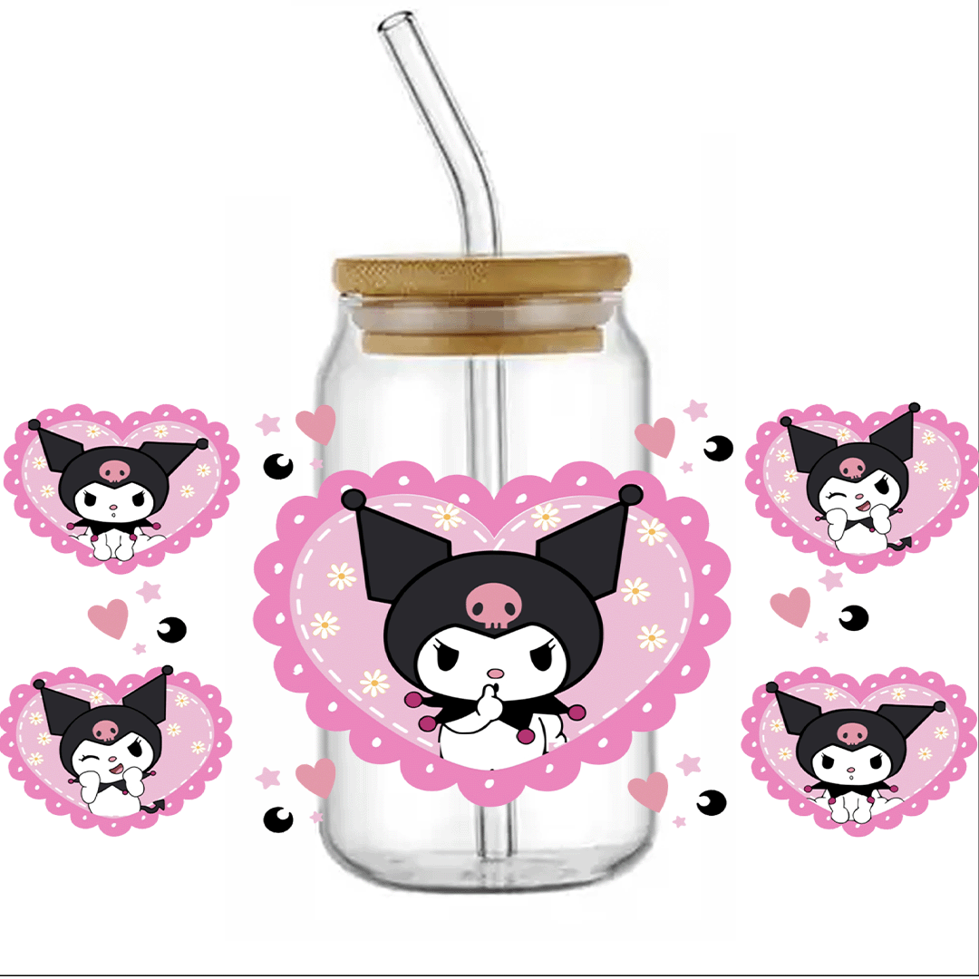 UV DTF WRAP - Kuromi Pink Hearts 16oz Libbey cup Wrap - Stickers