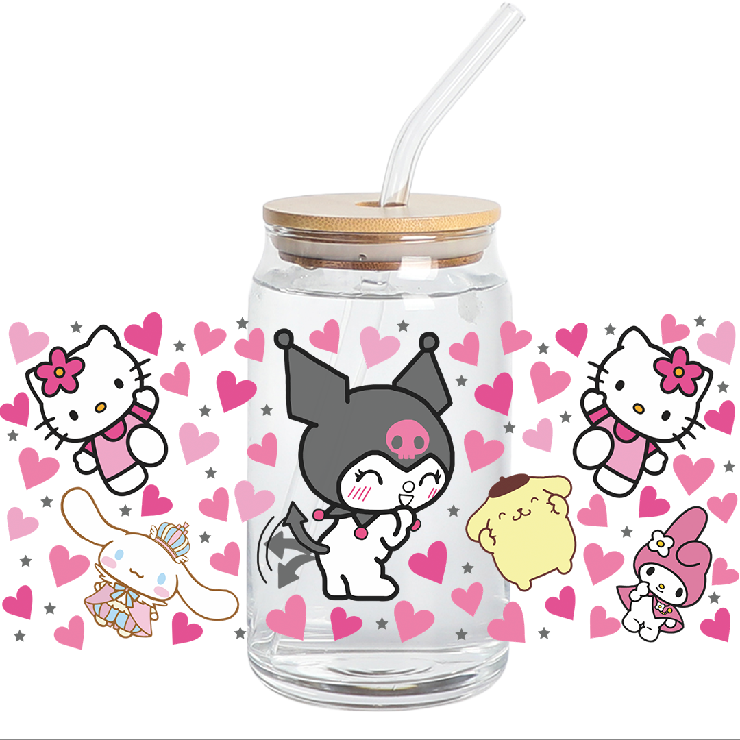 UV DTF Stickers Wrap - Kitty Pink Hearts and friends 16oz libbey wrap