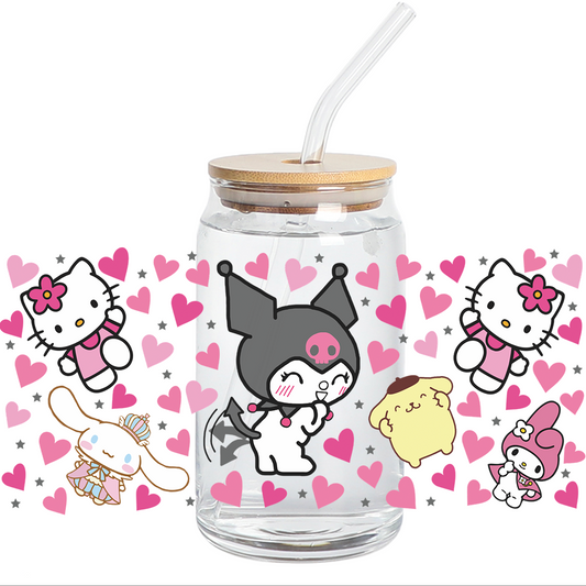 UV DTF Stickers Wrap - Kitty Pink Hearts and friends 16oz libbey wrap