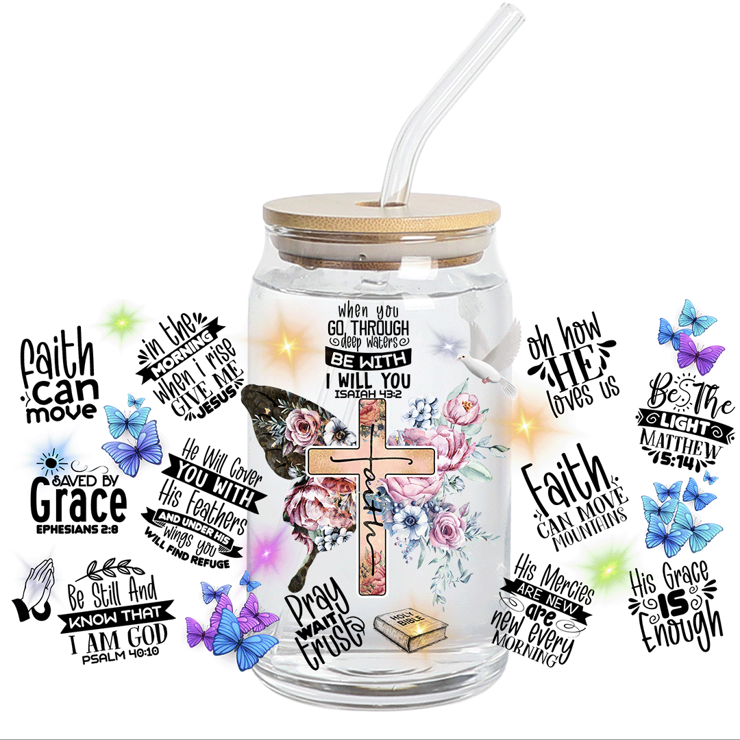 UV DTF - Faith with cross and Big butterfly Libbey Wrap